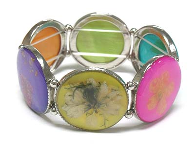 Real dry flower inside disk stretch bracelet