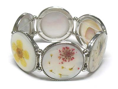 Real dry flower inside disk stretch bracelet