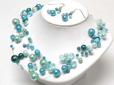 Multi strand pearl beads illusion neckalce and earring set