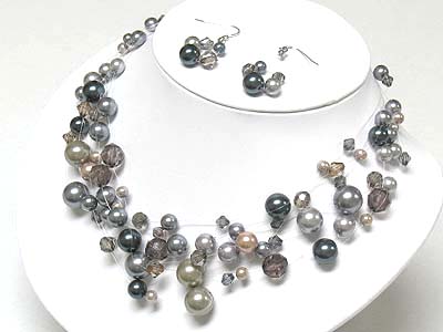 Multi strand pearl beads illusion neckalce and earring set