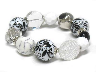 Black and white tone multi beads stretch bracelet