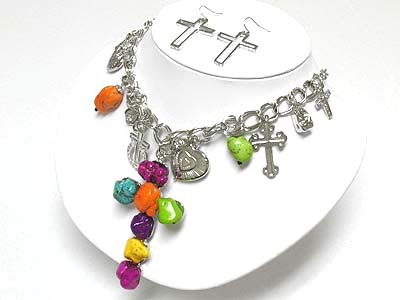 Natural stone cross pendant dangle necklace and earring set