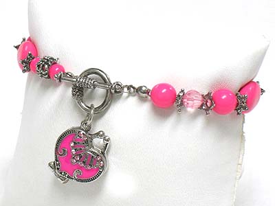 Heart locket charm color beads toggle bracelet