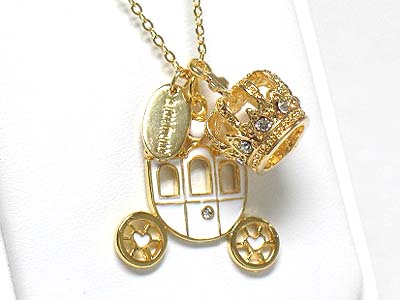 Tutti frutti crystal crown and metal epoxy wagon pendant necklace