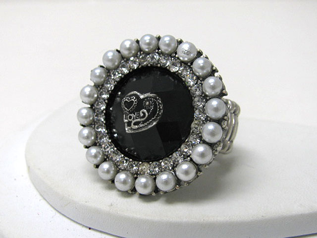 Retro vintage glass crystal pearl beads combo strethc ring