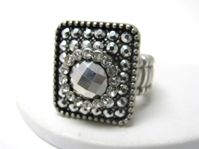 Crystal and metallic stone combo square stretch ring