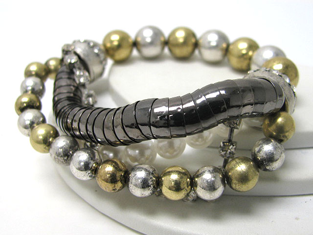 Pearl rhinestone metal ball and snake chain mixed fusion bracelet