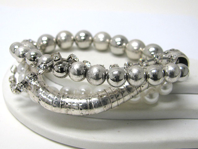 Pearl rhinestone metal ball and snake chain mixed fusion bracelet