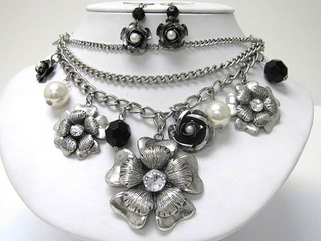 Crystal stud multi metal flower and pearl ball dangle necklace earring set