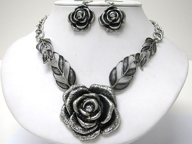 Crystal stud metal flower and leaves link necklace earring set