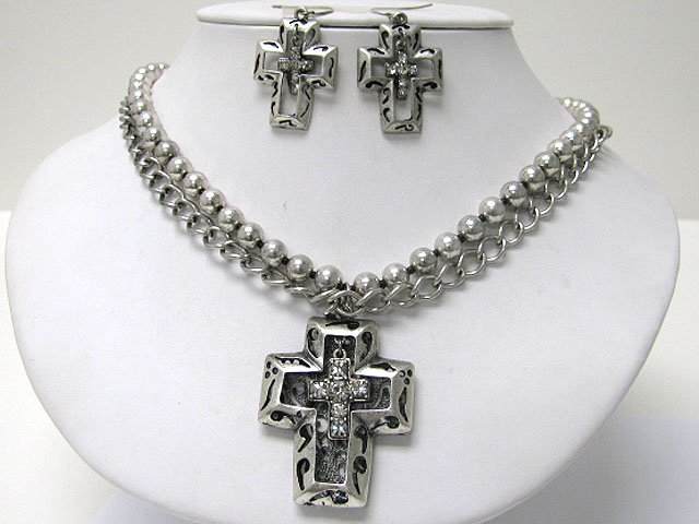 Crystal stud metal textured cross pendant double metal chain neckalce earring set