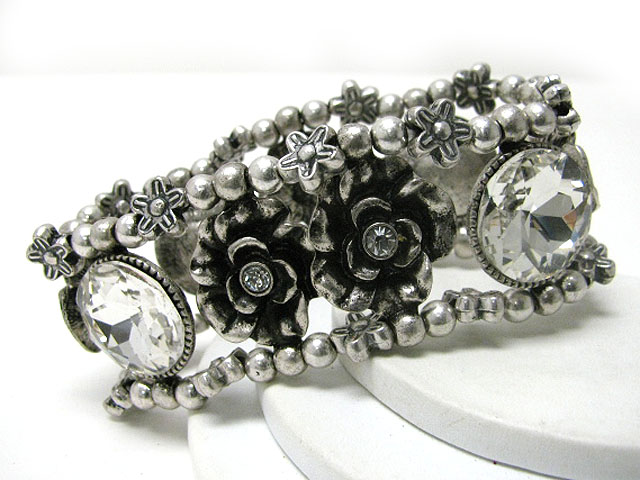 Facet glass and crystal stud flower metal chain stretch bracelet