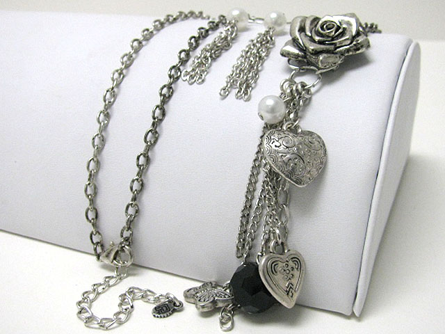 Multi heart and flower charm dangle long chain necklace earring set