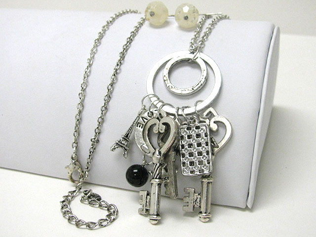 Elfel tower and multi key charm dangle long chain necklace earring set