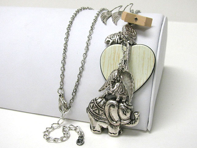 Wooden heart and multi elephant charm dangle long chain necklace earring set