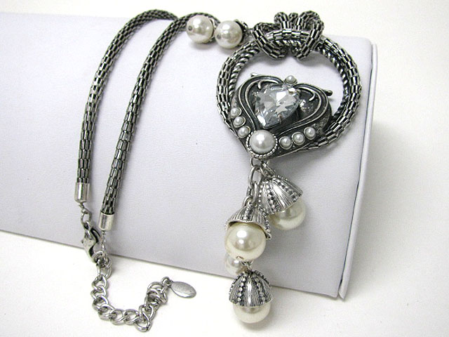 Multi pearl ball dangled metal ring long chain necklace earring set