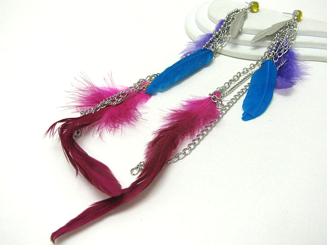 Ethnic style mixed feather long drop earring?