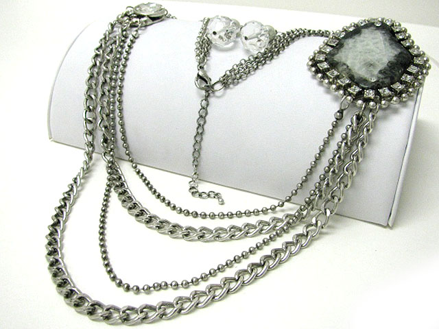 Crystal and natural stone accent multi row metal chain long necklace earring set