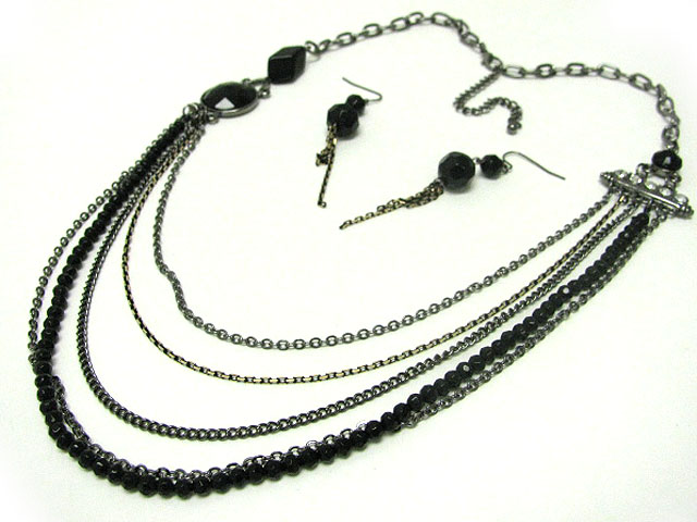 Facet glass stone and multi row metal chain long necklace earring set