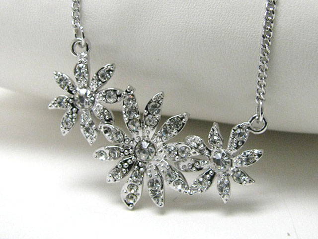 Made in korea whitegold plating crystal stud triple flower link neckalce