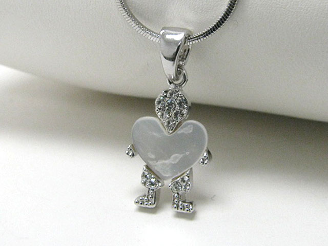 Made in korea whitegold plating crystal and mother of pearl heart boy pendant neckalce