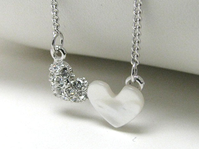 Made in korea whitegold plating crystal and mother of pearl dual heart link neckalce -valentine