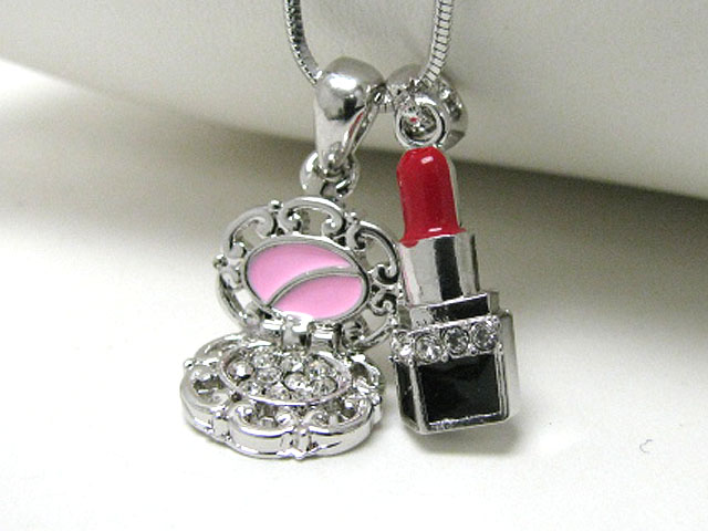 Made in korea whitegold plating crystal and epoxy art cosmetic theme dual pendant neckalce