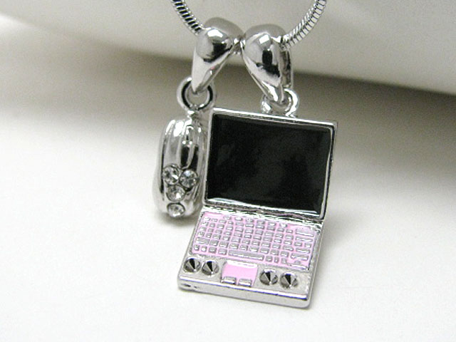 Made in korea whitegold plating crystal and epoxy art laptop theme dual pendant neckalce