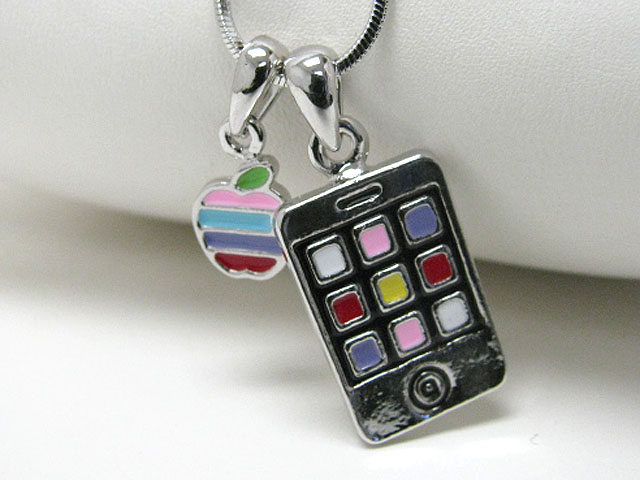 Made in korea whitegold plating crystal and epoxy art smartphone theme dual pendant neckalce