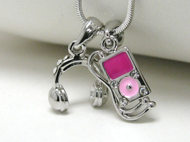 Made in korea whitegold plating crystal and epoxy art music player theme dual pendant neckalce