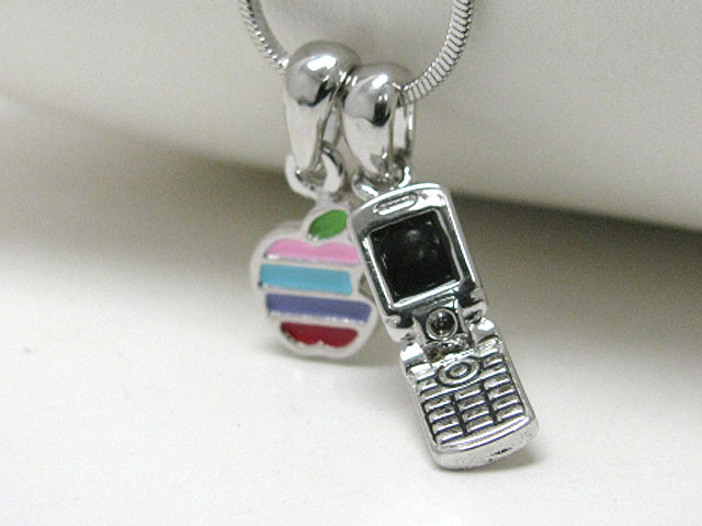 Made in korea whitegold plating crystal and epoxy art cellphone theme dual pendant neckalce