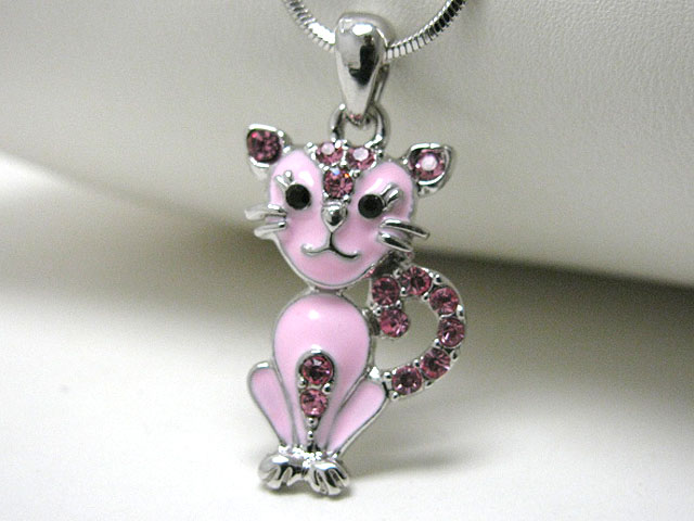 Made in korea whitegold plating crystal and epoxy art cat pendant neckalce