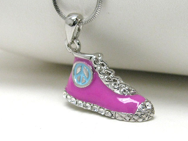 Made in korea whitegold plating crystal and epoxy art peace shoe pendant neckalce