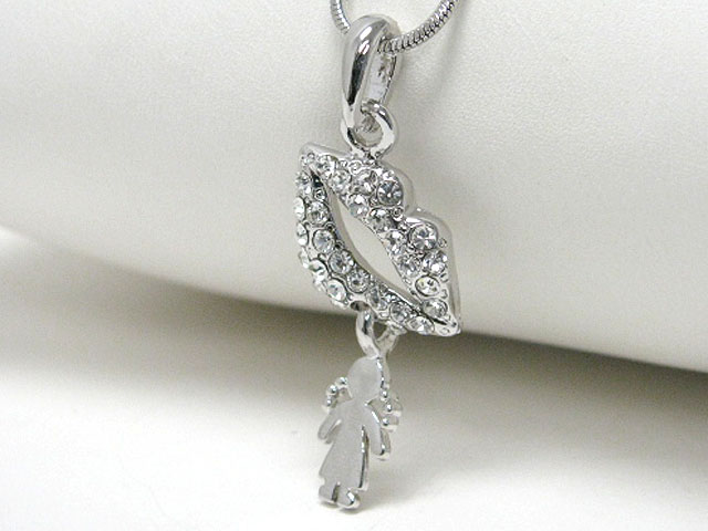 Made in korea whitegold plating crystal stud girl and lips pendant neckalce