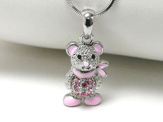 Made in korea whitegold plating crystal and epoxy art toy bear pendant necklace