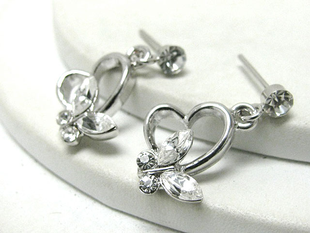 Made in korea whitegold plating crystal stud butterfly deco heart earring