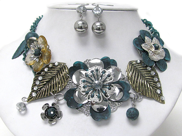 Patina metal flower and leaf link neckalce earring set