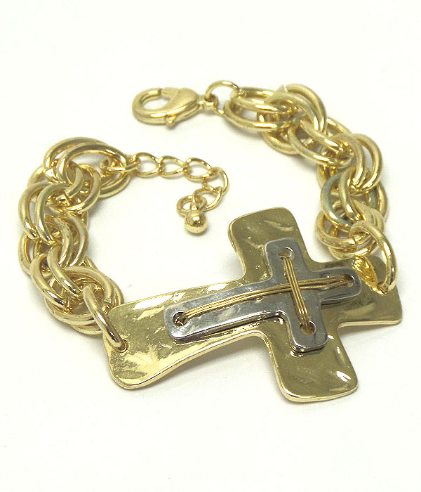 Hammered and wired cross and double link chain bracelet