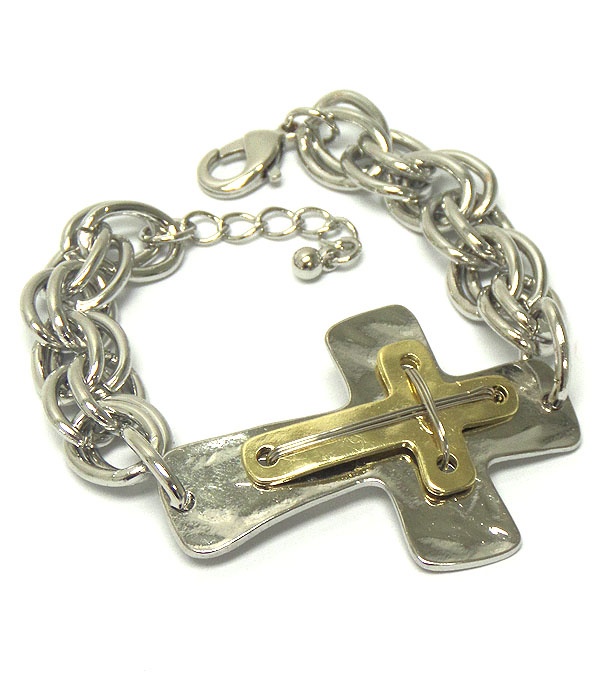 Hammered and wired cross and double link chain bracelet