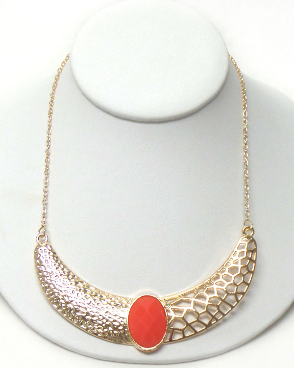 Faux stone center on textured metal filigree necklace