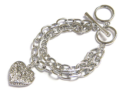 Multi row chain and crysatl heart dangle toggle bracelet