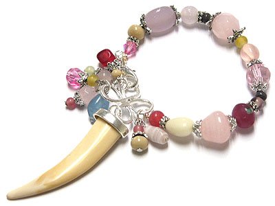 Genuine stone beads and cannie tooth charm stretch bracelet