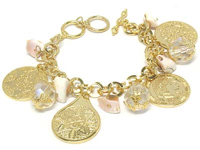 Multi casting metal disk and acryl bead charms toggle bracelet