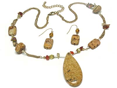 Semi precious stone pendant and acryl bead double strands necklace and earring set - agate