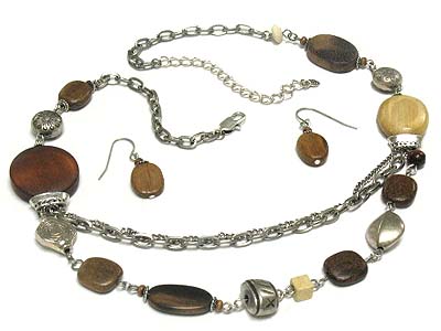 Multi strands round wood deco and casting metal harmony necklace and earring set