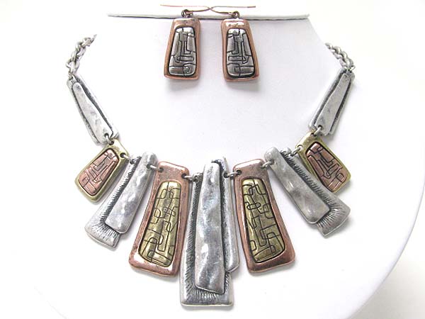 Antique look tri tone metal bar necklace earring set