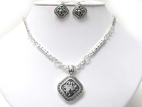 Crystal stud filigree metal square pendant necklace earring set 