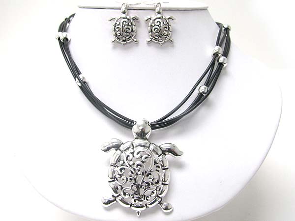 Metal turtle pendant multi cord necklace earring set 