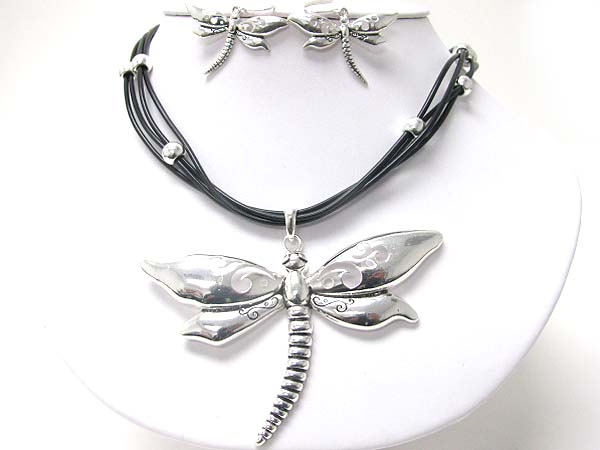 Metal dragonfly pendant multi cord necklace earring set 