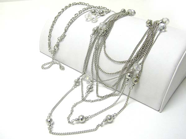 Metallic stone and multi layer long chain necklace earring set